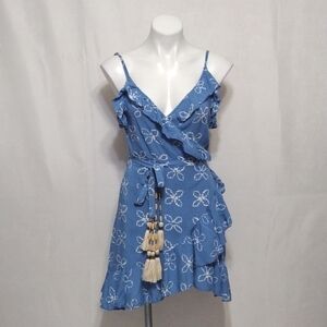 Skemo Boho Blue Shibori Floral Wrap Dress XS Ruffled Trim Tassel Tie Resortwear